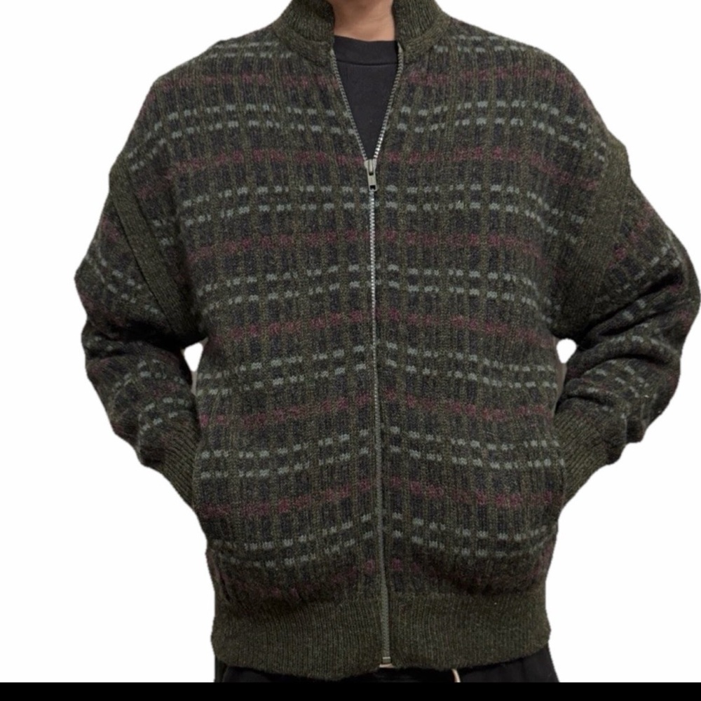 Mappin Shetland Wool Men’s Sweater Sz 4 Olive full Zip Front Pockets